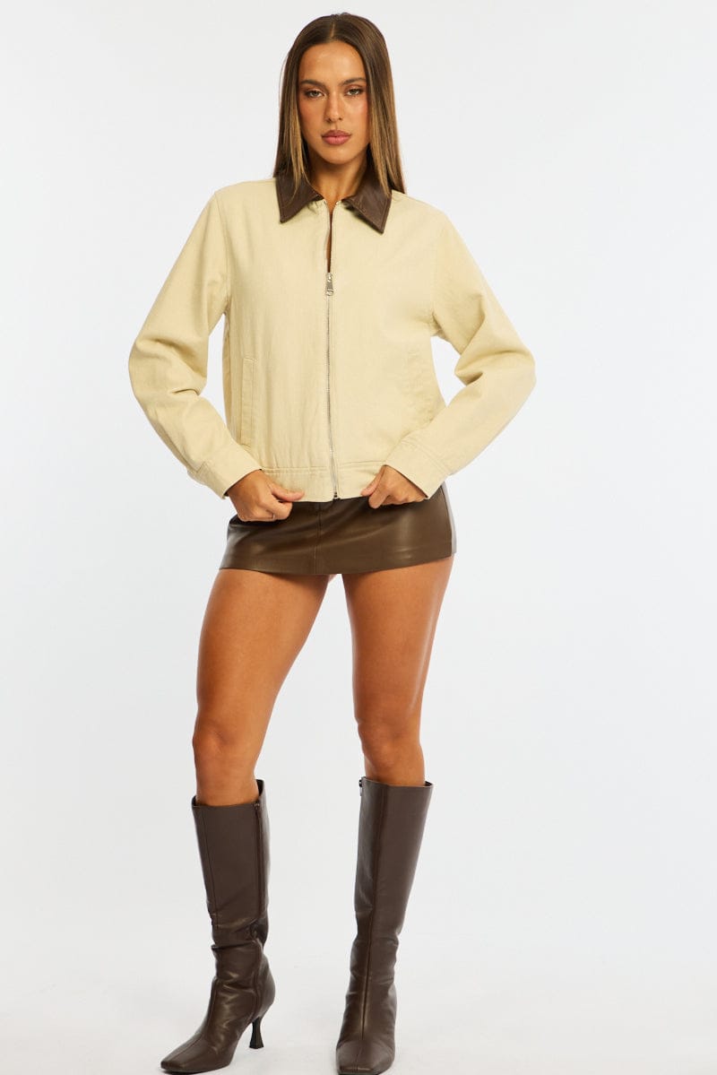 Beige Worker Jacket Faux Leather Collar for Ally Fashion