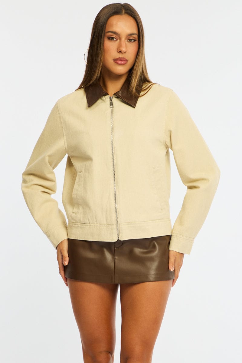 Beige Worker Jacket Faux Leather Collar for Ally Fashion