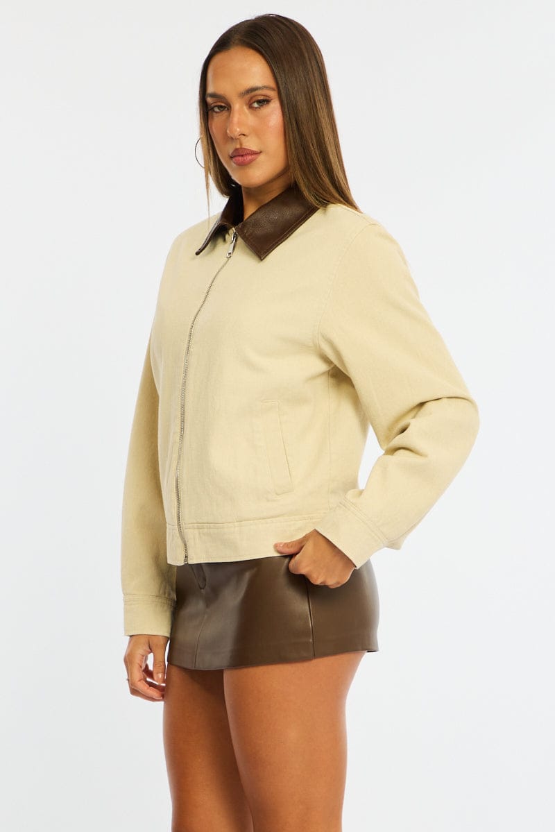 Beige Worker Jacket Faux Leather Collar for Ally Fashion
