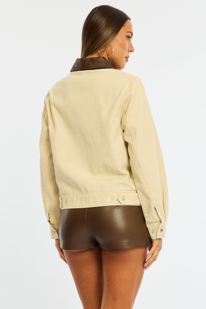 Beige Worker Jacket Faux Leather Collar for Ally Fashion