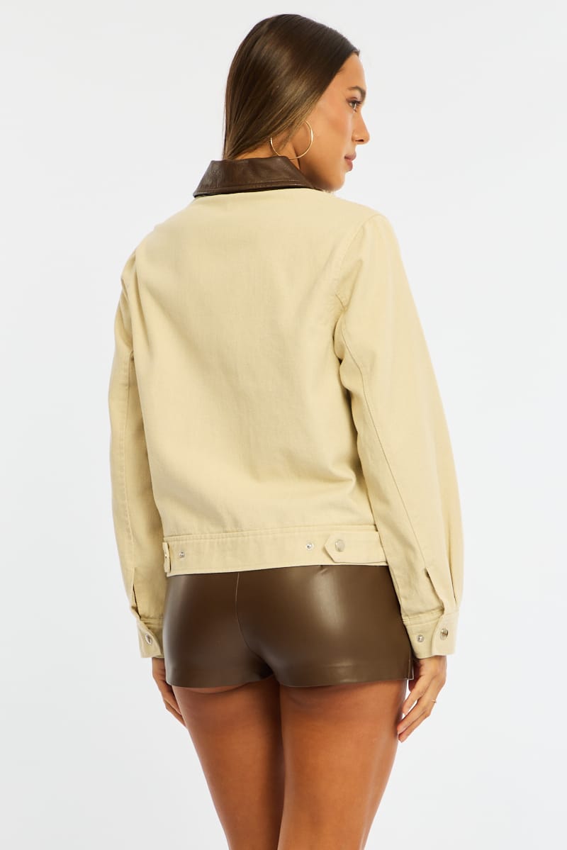 Beige Worker Jacket Faux Leather Collar for Ally Fashion