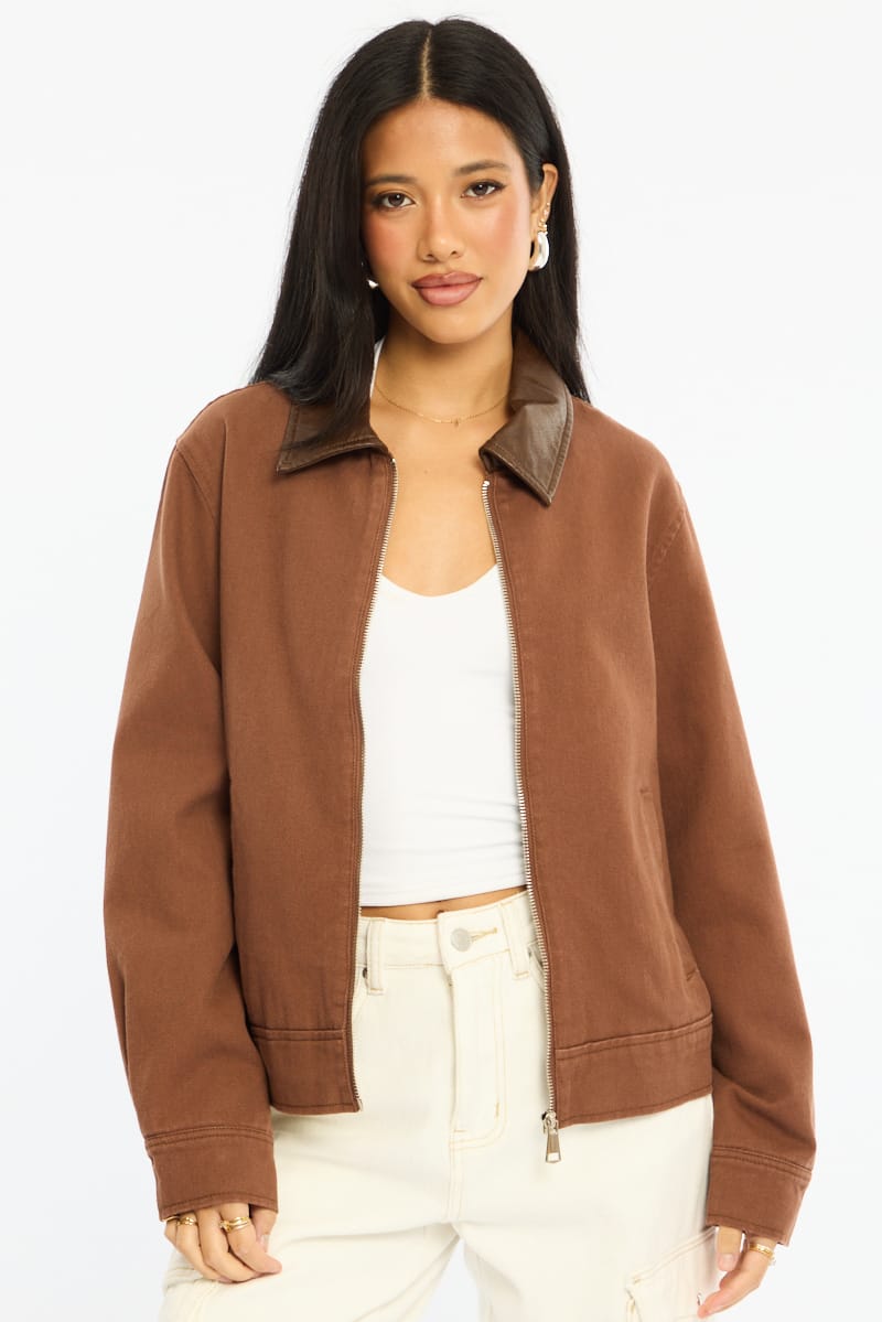 Brown Worker Jacket Faux Leather Collar for Ally Fashion