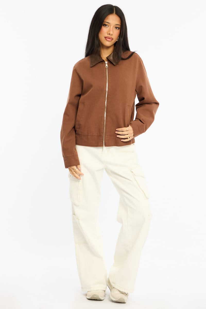 Brown Worker Jacket Faux Leather Collar for Ally Fashion