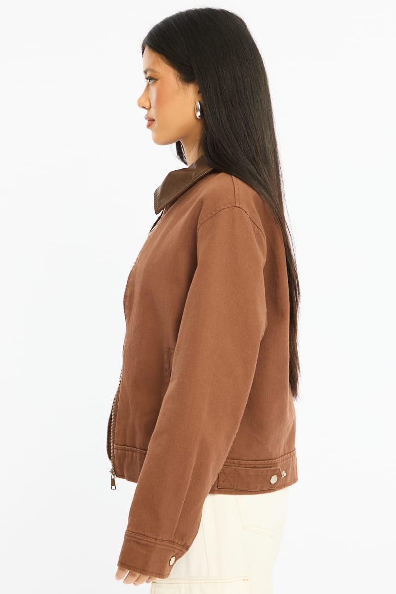 Brown Worker Jacket Faux Leather Collar for Ally Fashion