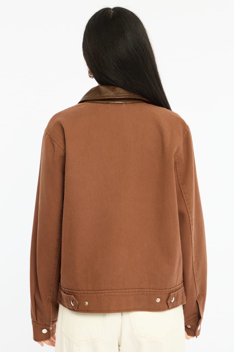 Brown Worker Jacket Faux Leather Collar for Ally Fashion