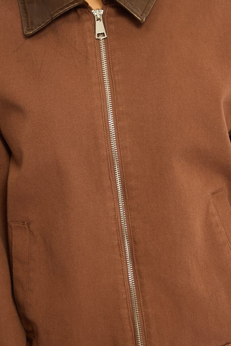 Brown Worker Jacket Faux Leather Collar for Ally Fashion