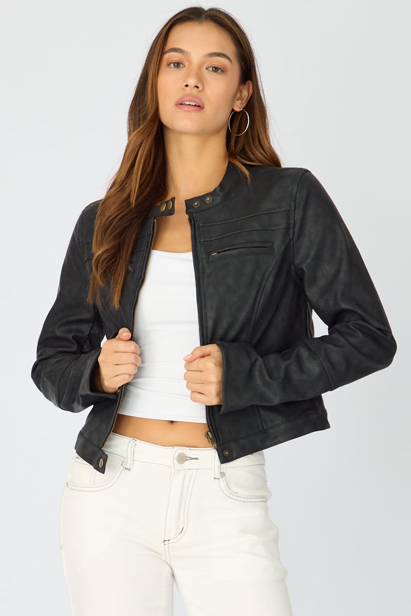 Black Pu Jacket Washed for Ally Fashion