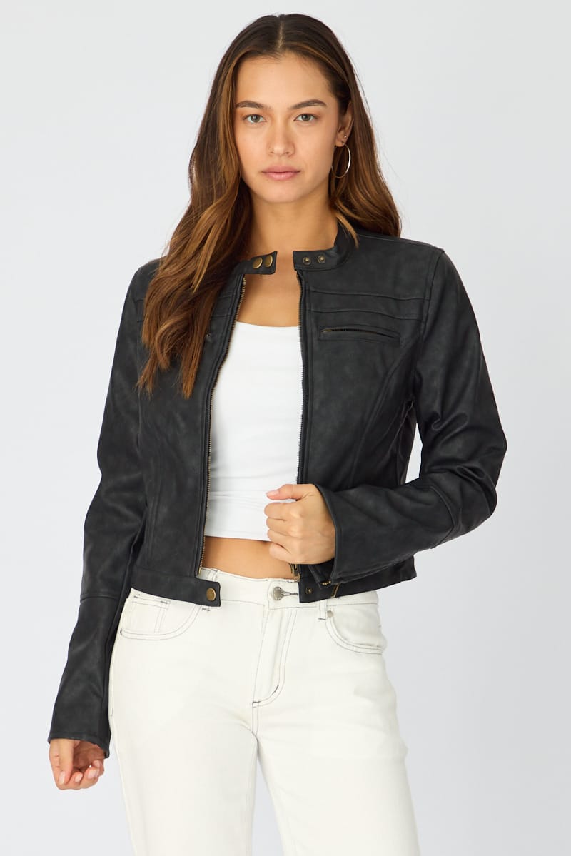 Black Pu Jacket Washed for Ally Fashion