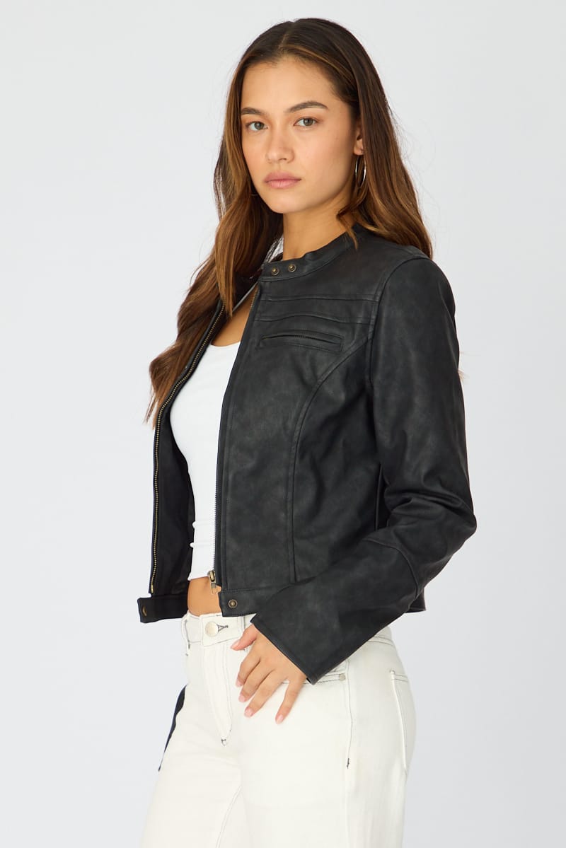 Black Pu Jacket Washed for Ally Fashion