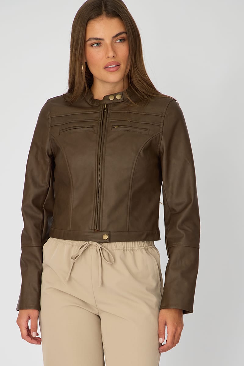 Brown Pu Jacket Washed for Ally Fashion