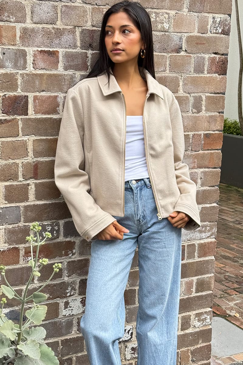 Beige Collared Cropped Jacket for Ally Fashion
