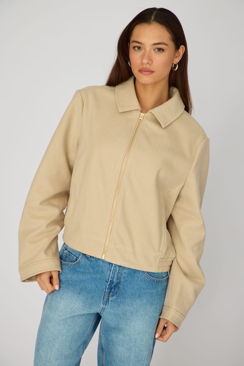 Beige Collared Cropped Jacket for Ally Fashion