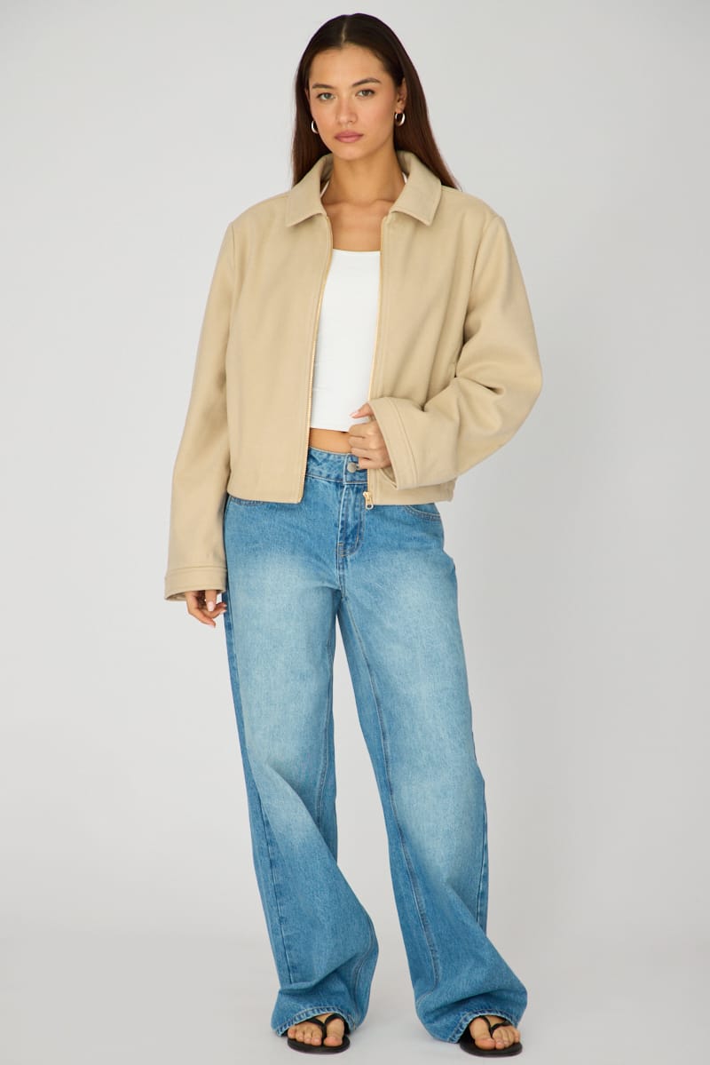 Beige Collared Cropped Jacket for Ally Fashion