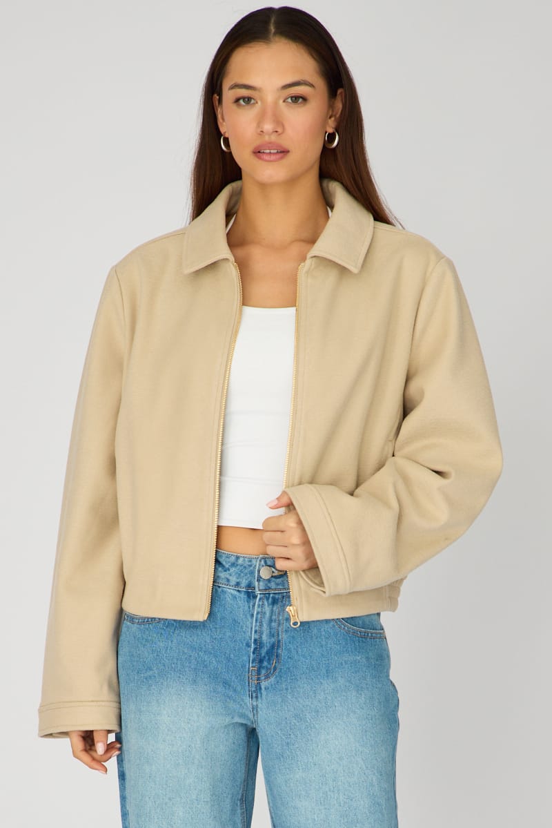Beige Collared Cropped Jacket for Ally Fashion