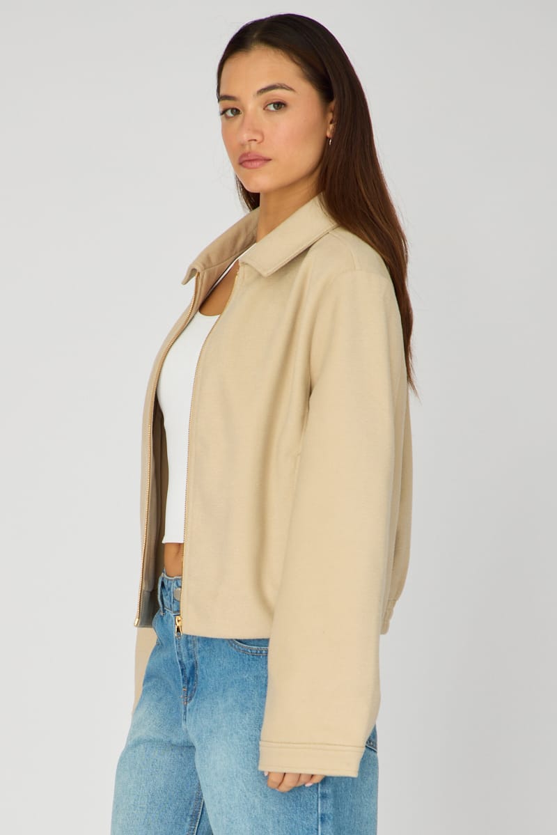 Beige Collared Cropped Jacket for Ally Fashion