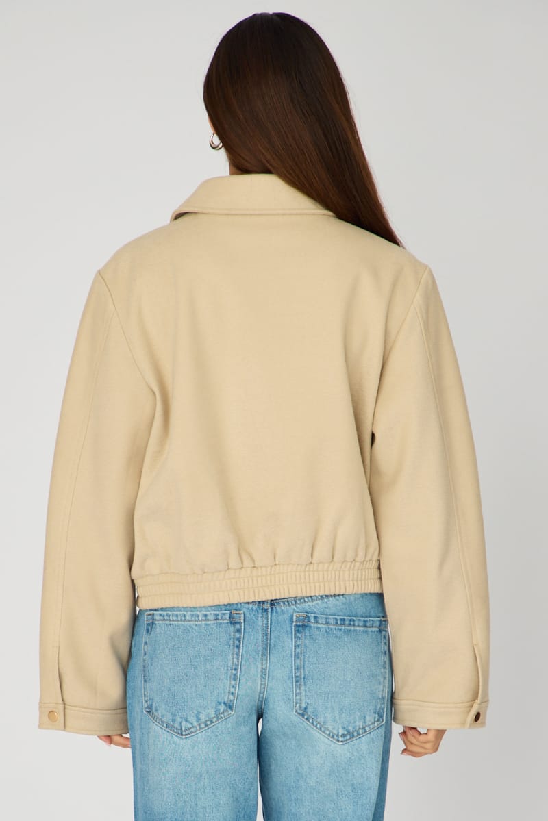 Beige Collared Cropped Jacket for Ally Fashion