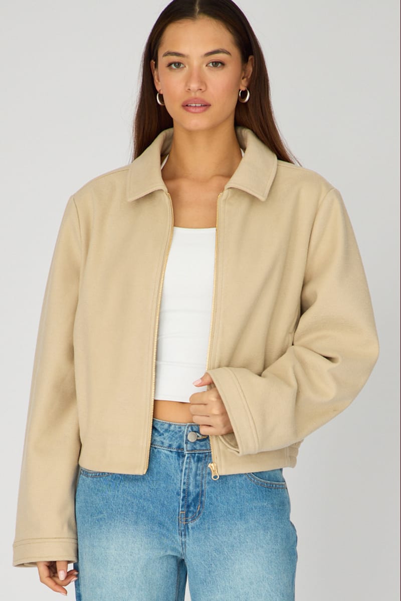 Beige Collared Cropped Jacket for Ally Fashion