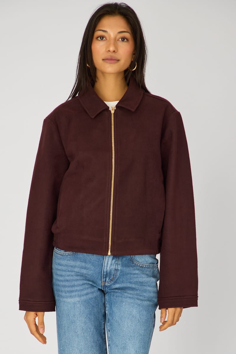 Brown Collared Cropped Jacket for Ally Fashion