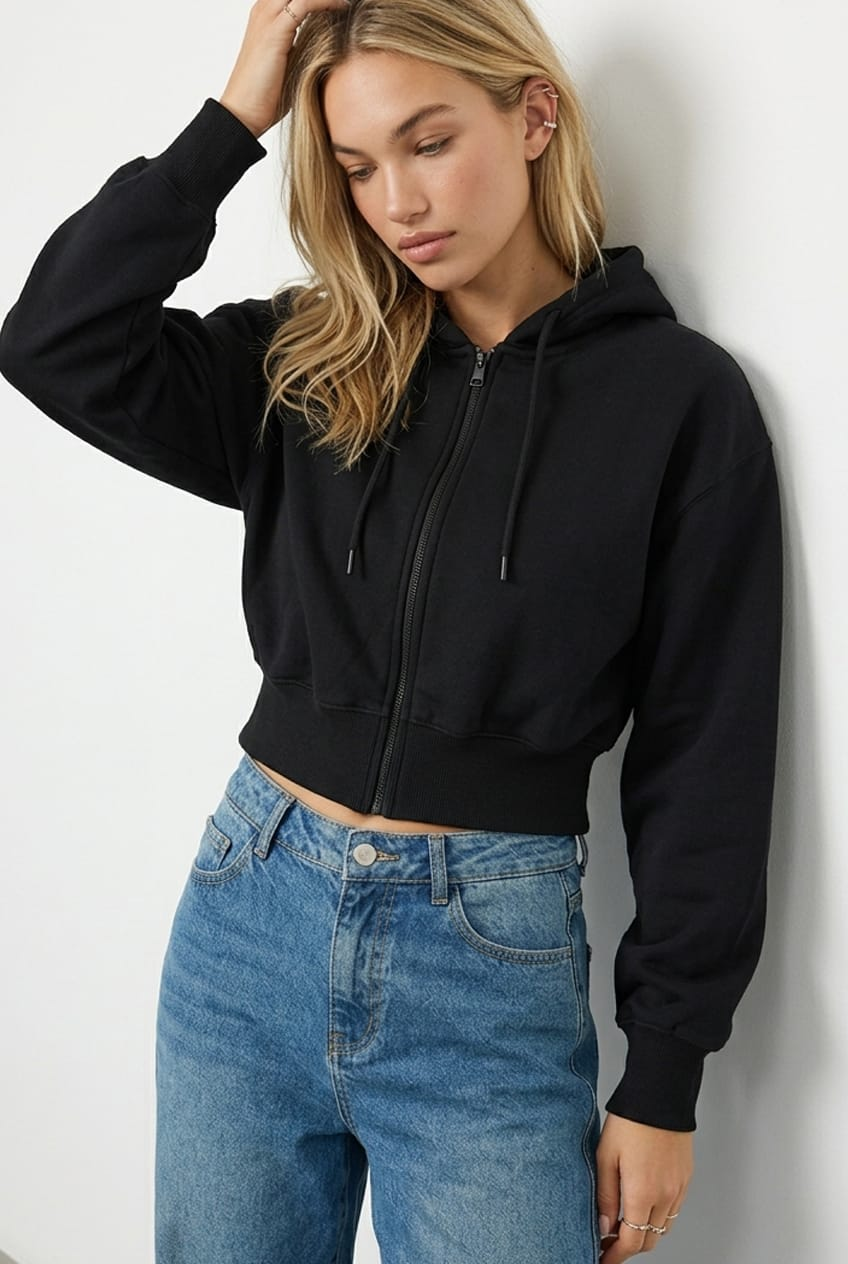Black Zip Up Crop Hoodie for Ally Fashion