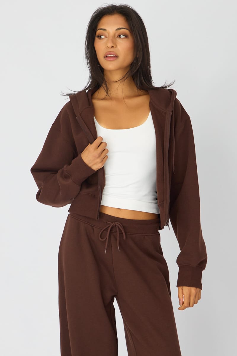 Brown Zip Up Crop Hoodie for Ally Fashion