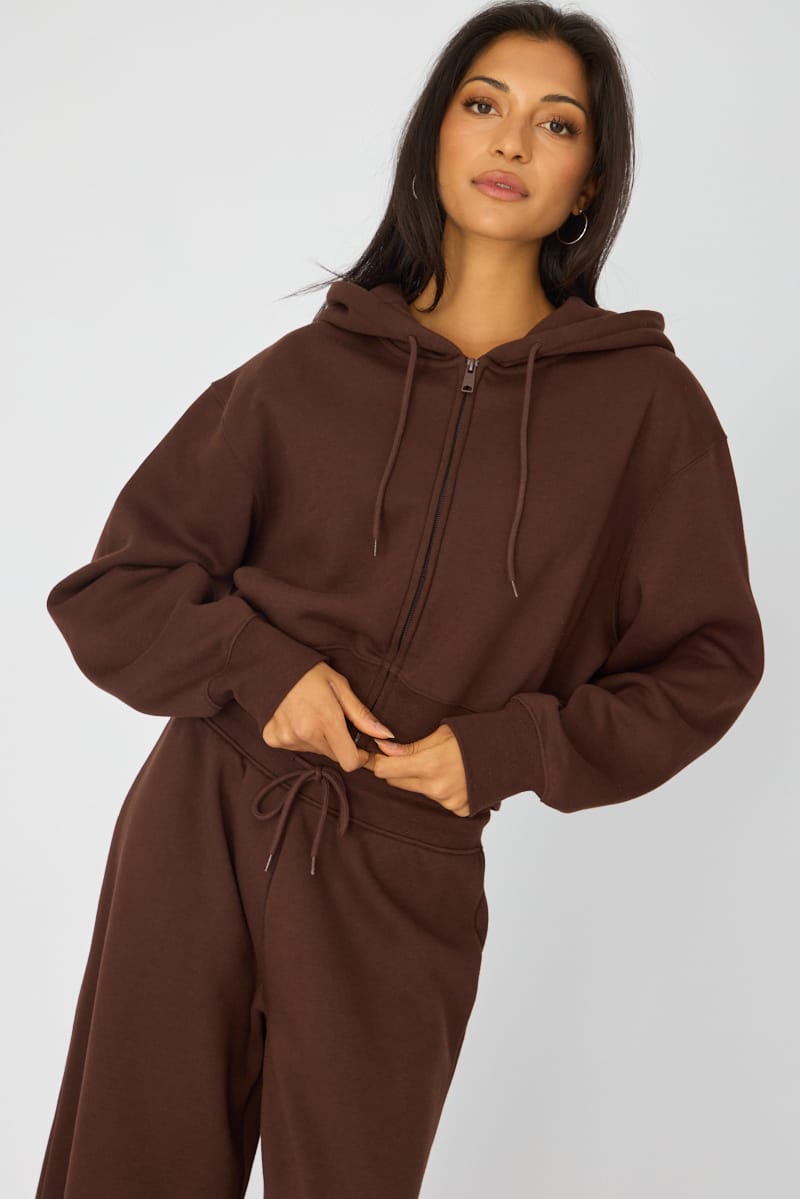 Brown Zip Up Crop Hoodie for Ally Fashion