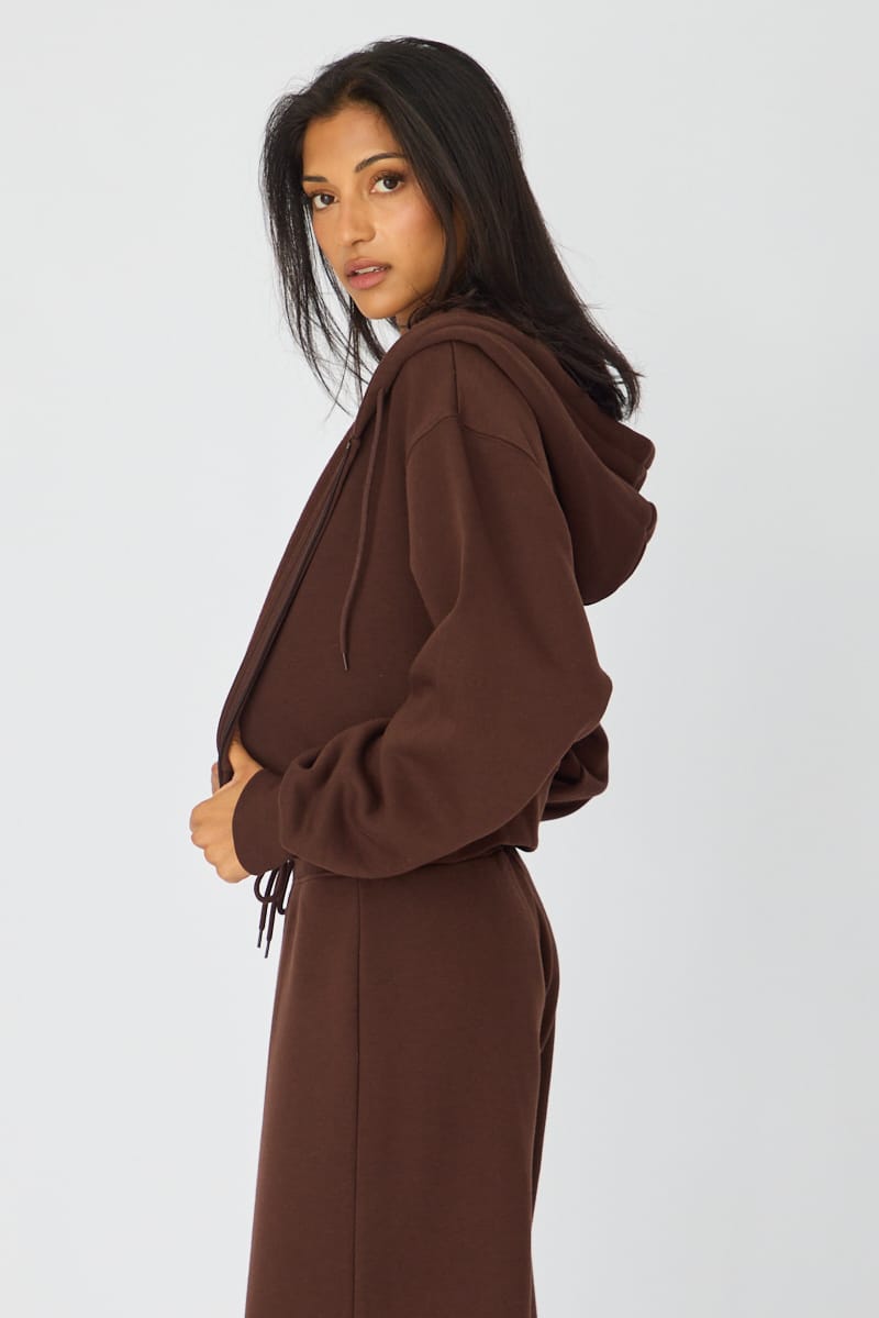 Brown Zip Up Crop Hoodie for Ally Fashion