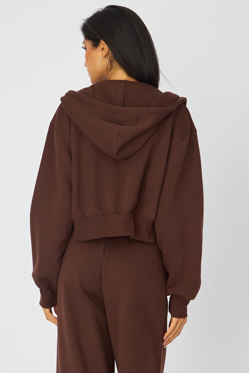 Brown Zip Up Crop Hoodie for Ally Fashion