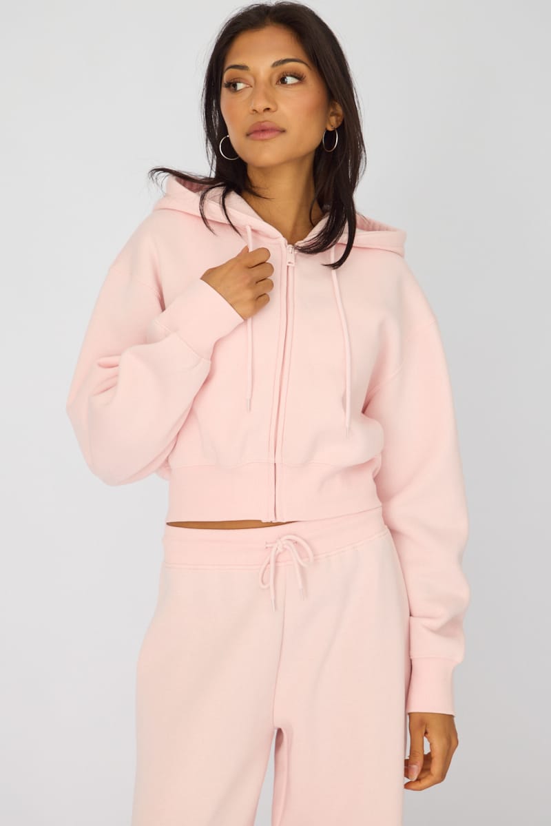 Pink Zip Up Crop Hoodie for Ally Fashion