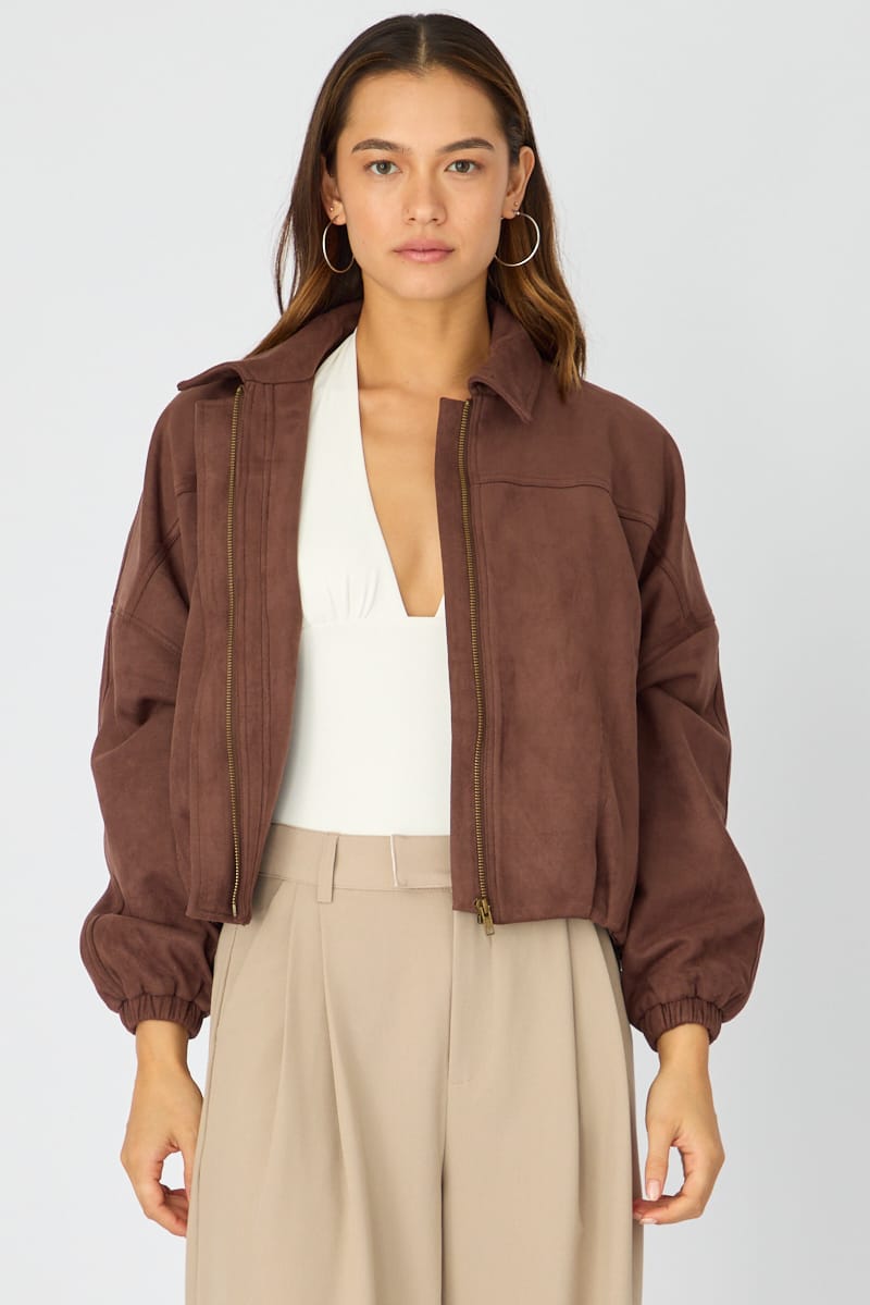 Brown Collared Jacket Suede for Ally Fashion