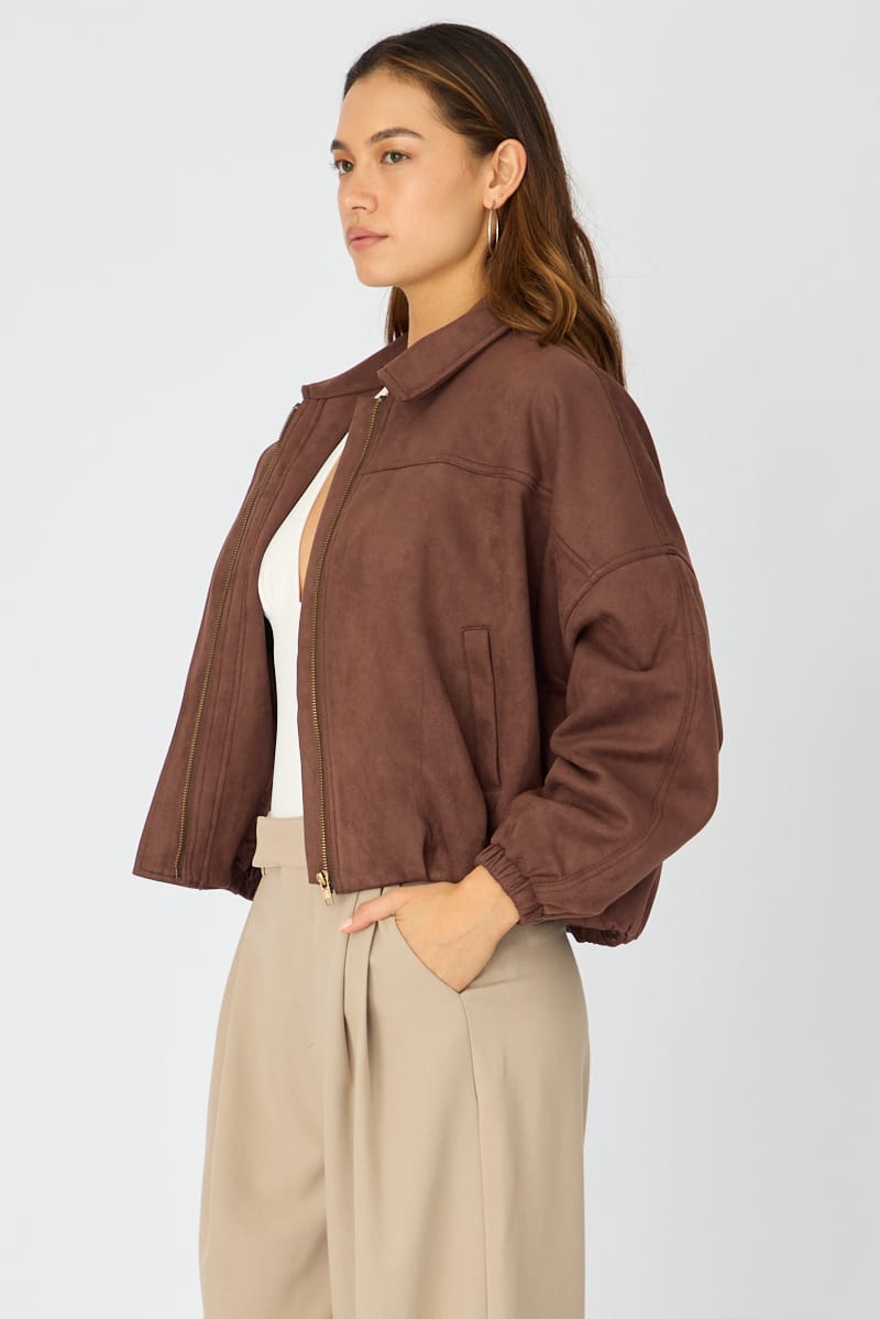 Brown Collared Jacket Suede for Ally Fashion