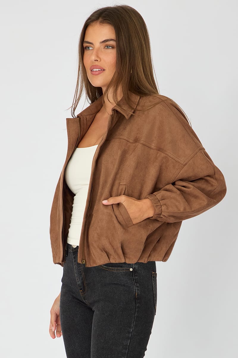 Beige Collared Jacket Suede for Ally Fashion
