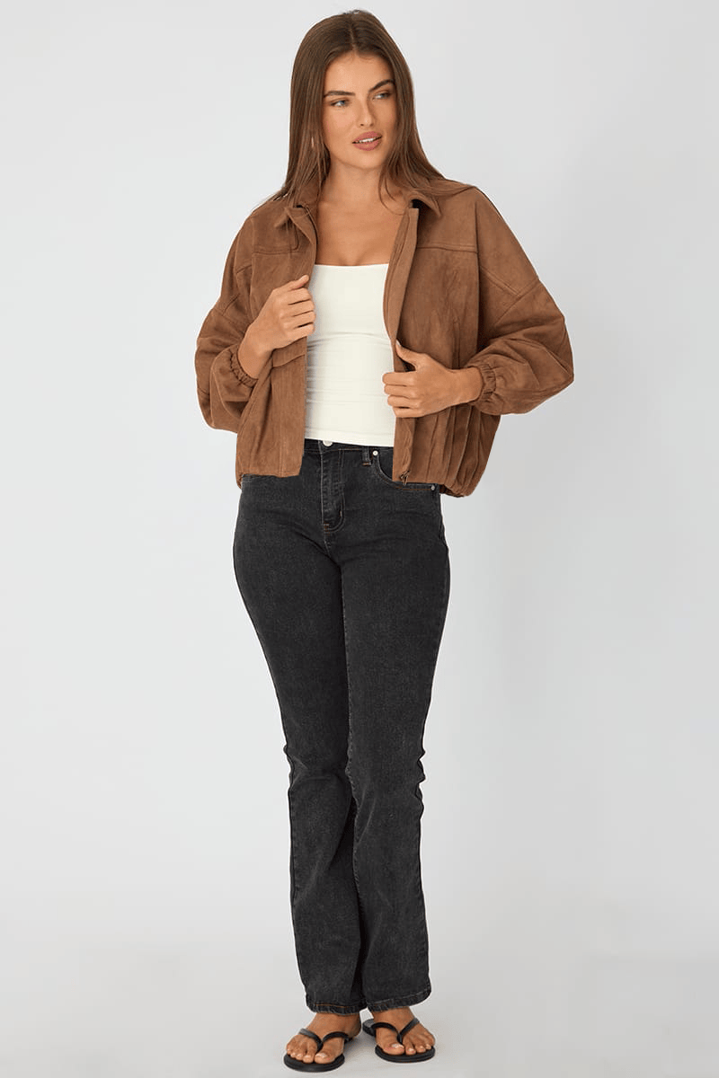 Beige Collared Jacket Suede for Ally Fashion