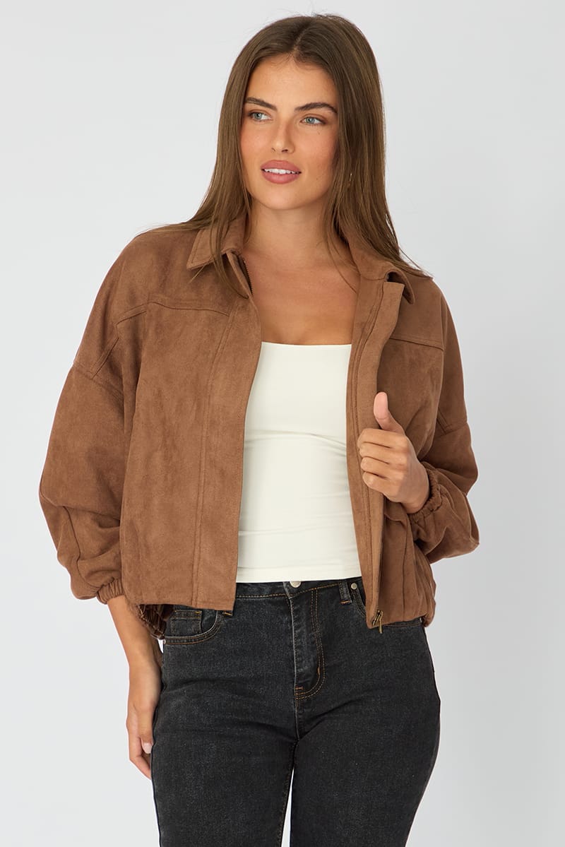 Beige Collared Jacket Suede for Ally Fashion