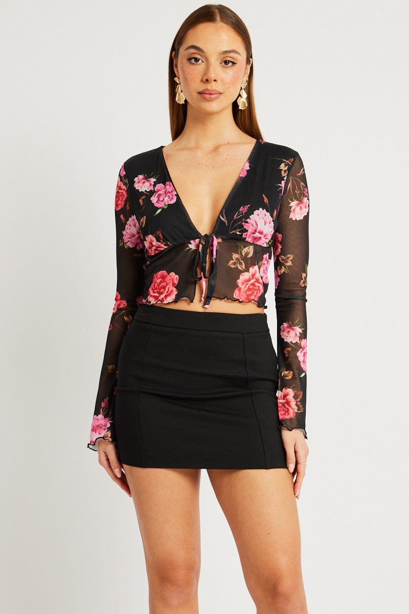 Black Floral Tie up Cardigan Long Sleeve for Ally Fashion