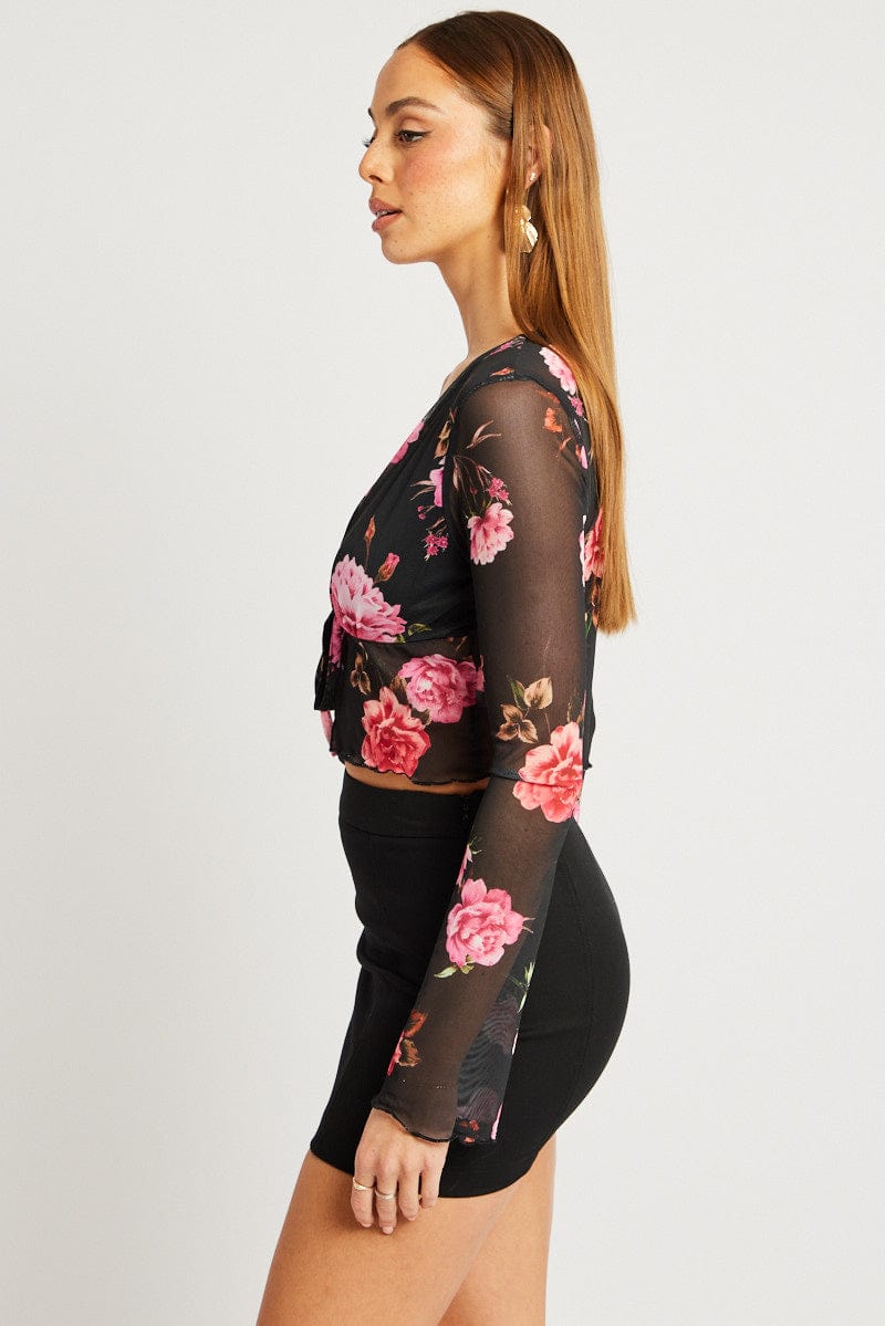 Black Floral Tie up Cardigan Long Sleeve for Ally Fashion