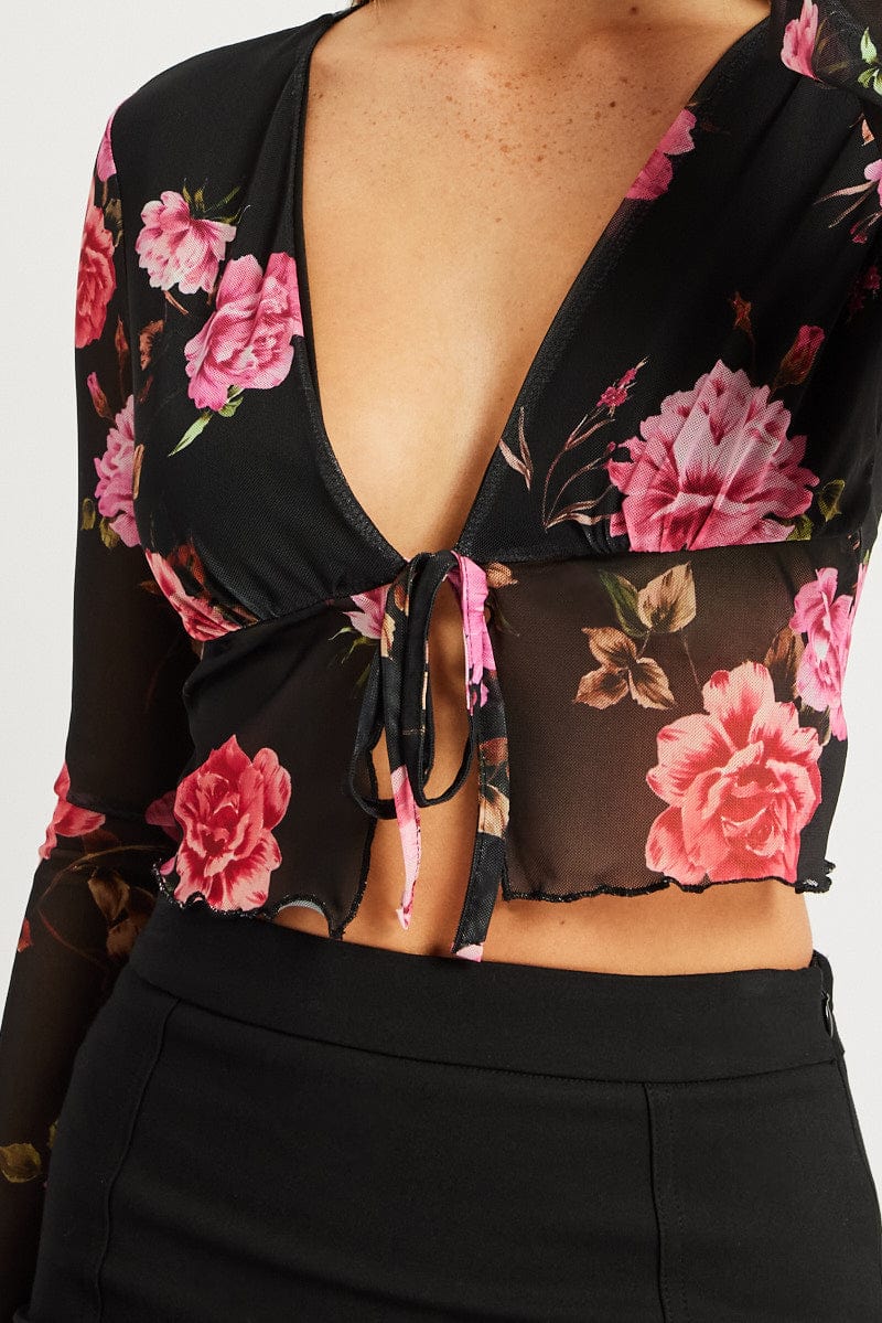 Black Floral Tie up Cardigan Long Sleeve for Ally Fashion