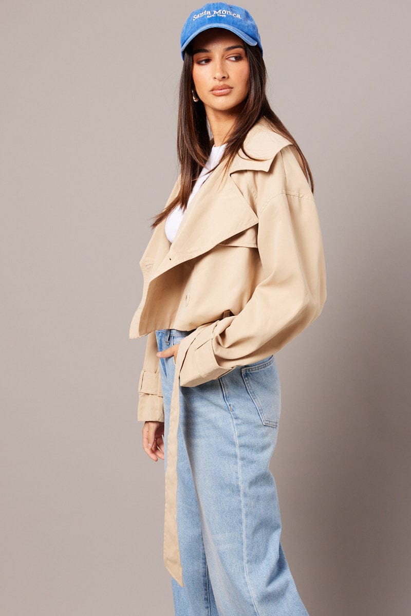 Beige Short Trench Coat Long Sleeve for Ally Fashion