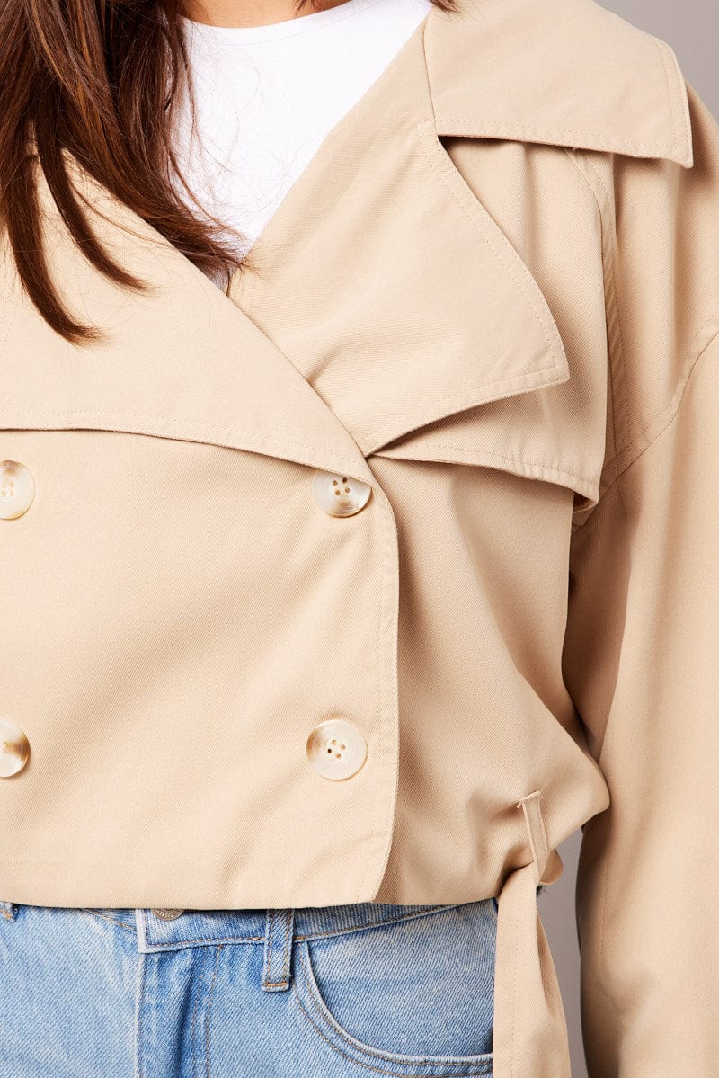 Beige Short Trench Coat Long Sleeve for Ally Fashion
