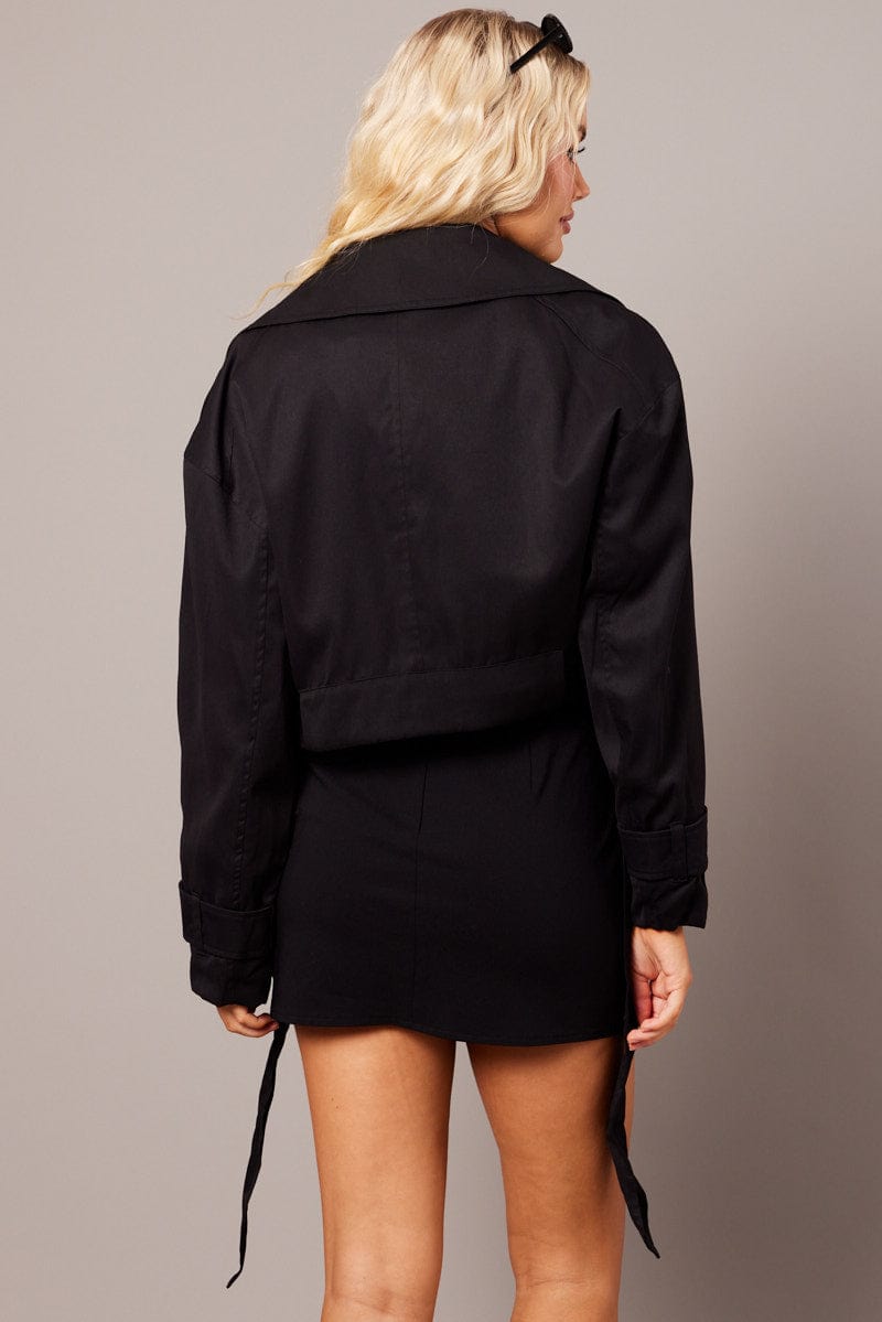 Black Short Trench Coat Long Sleeve for Ally Fashion
