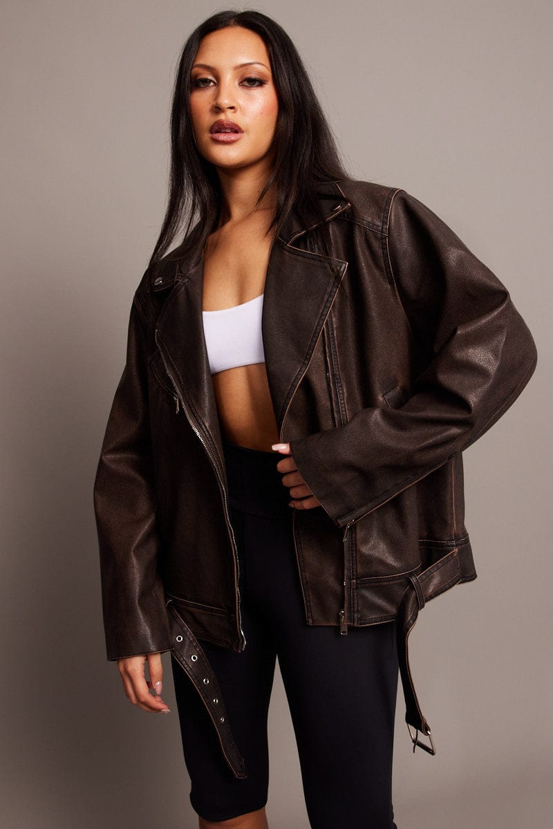 Brown Biker Jacket Faux Leather Oversized for Ally Fashion