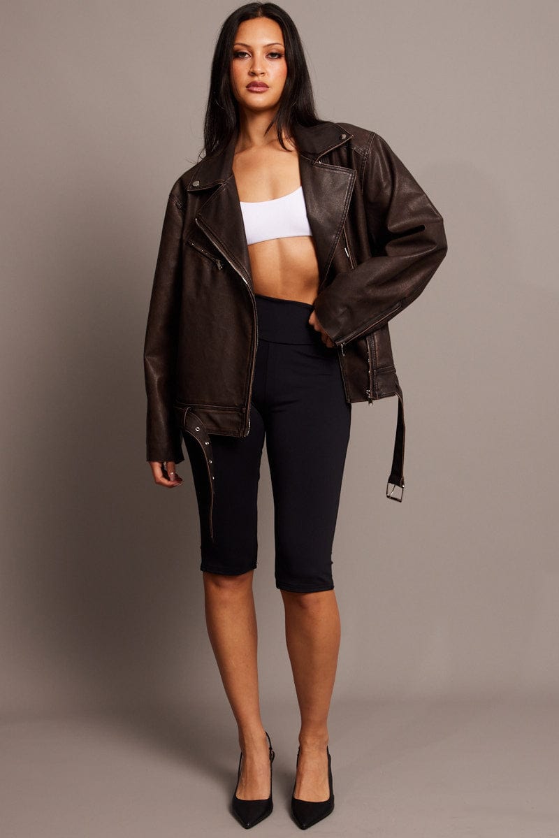 Brown Biker Jacket Faux Leather Oversized for Ally Fashion