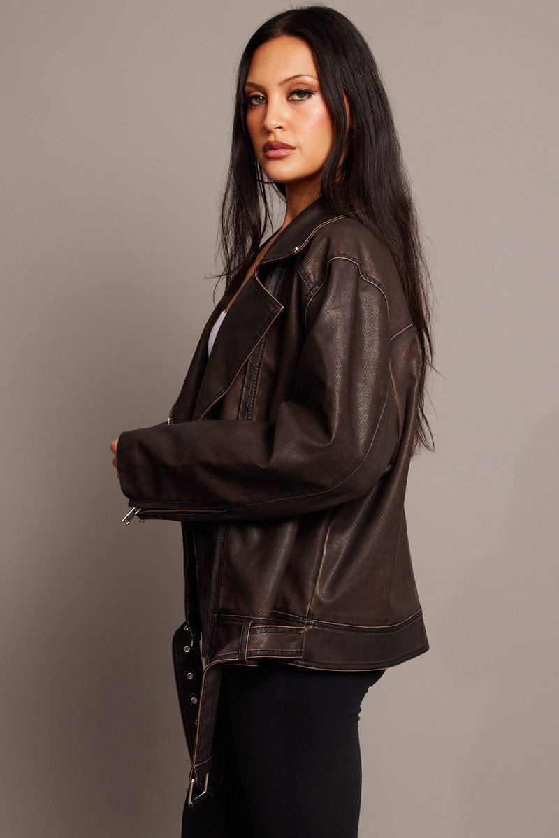 Brown Biker Jacket Faux Leather Oversized for Ally Fashion