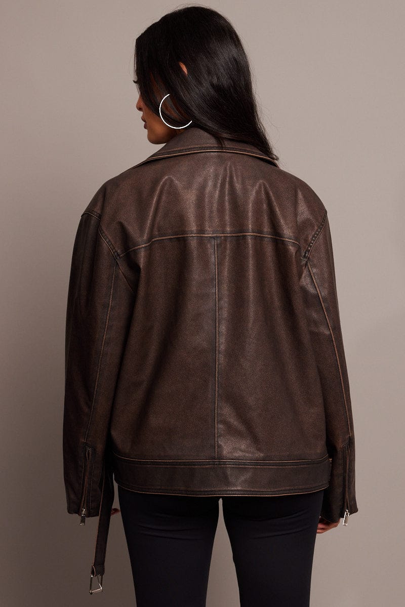 Brown Biker Jacket Faux Leather Oversized for Ally Fashion