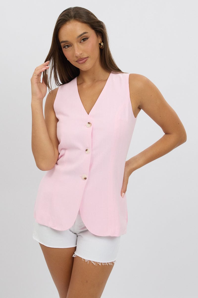 Pink Linen Vest Longline V Neck | Ally Fashion