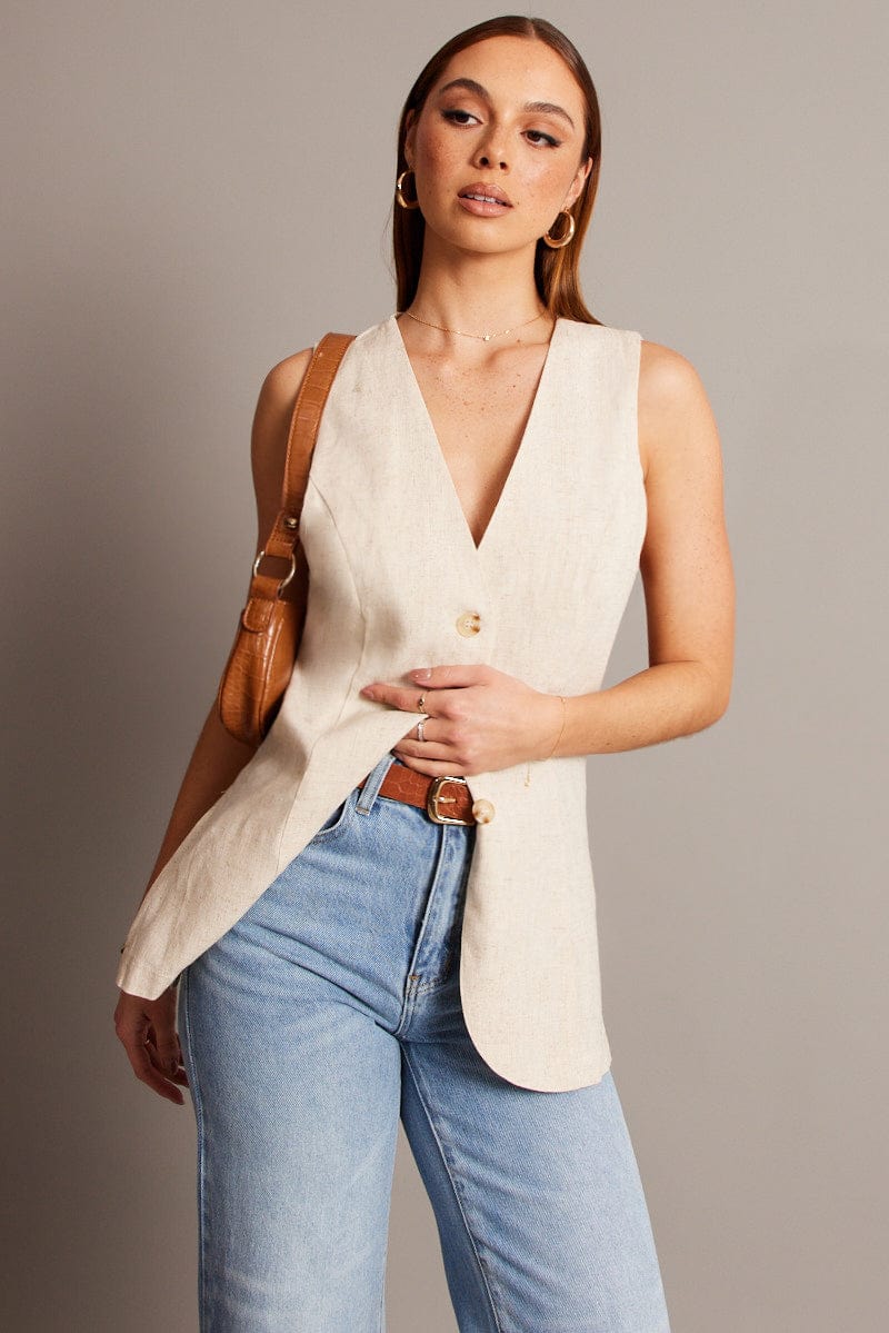 Beige Linen Vest Longline V Neck for Ally Fashion