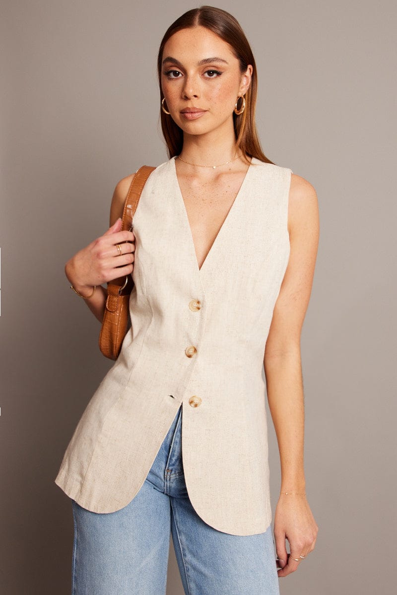 Beige Linen Vest Longline V Neck for Ally Fashion