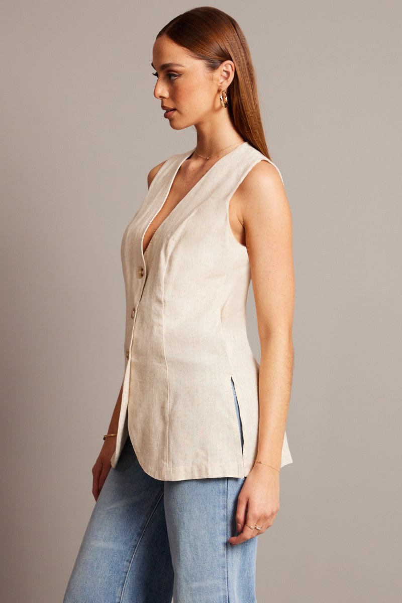 Beige Linen Vest Longline V Neck for Ally Fashion