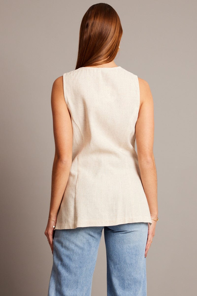 Beige Linen Vest Longline V Neck for Ally Fashion