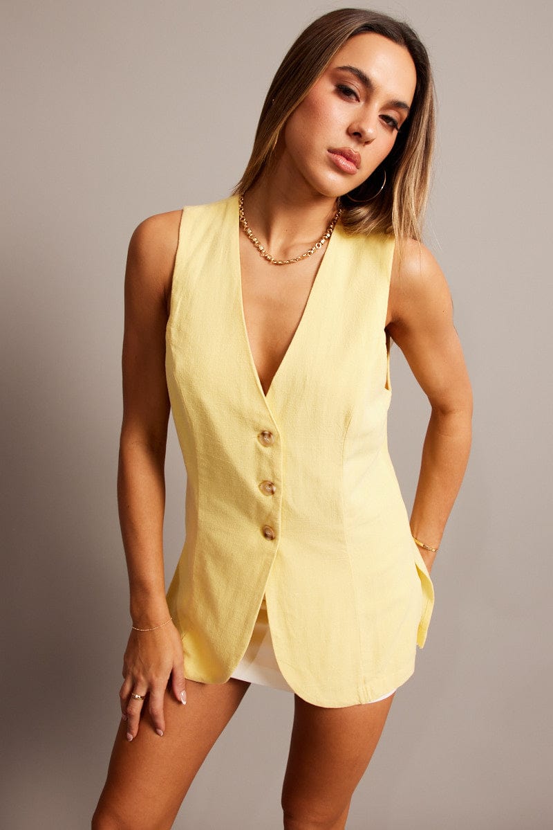 Yellow Linen Vest Longline V Neck for Ally Fashion