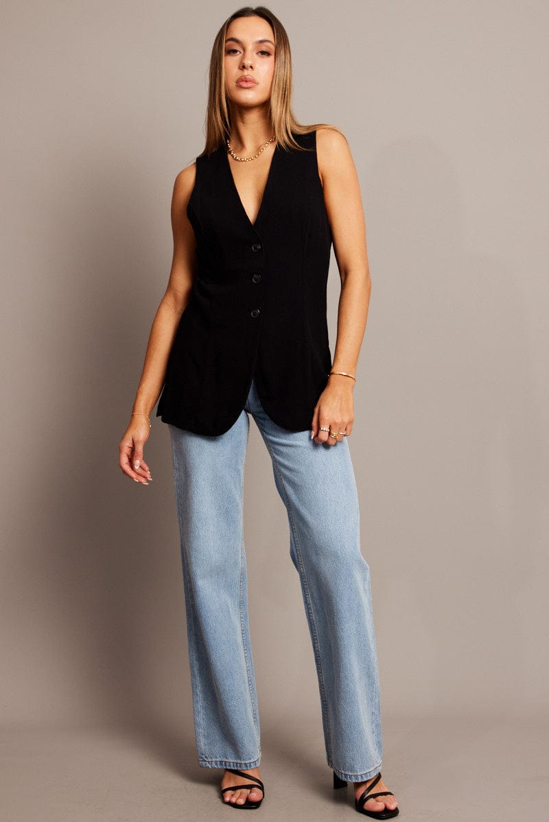 Black Linen Vest Longline V neck for Ally Fashion